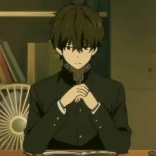 😳 Houtarou Oreki Hyouka anime, divisa scolastica, ragazzo, capelli castani, serio telegram sticker