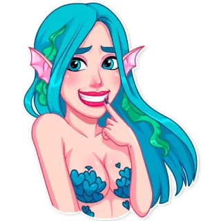 😬 Meerjungfrau, Frau, Monster, Fantasy, blaue Haare, Herzen telegram sticker