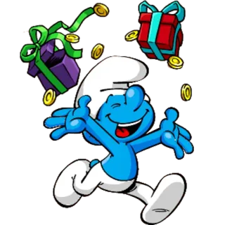 🎊 Smurf การ์ตูน, สเมิร์ฟ, มีความสุข, ของขวัญ, เหรียญ whatsapp sticker