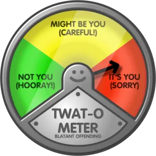 🖕 MIGHT BE YOU
(CAREFUL!)
NOT YOU
(HOORAY!)
TWAT-O
METER
BLATANT OFFENDING
IT'S YOU
(SORRY) insulting, offensive, funny, meter, twat, humor, joke telegram sticker