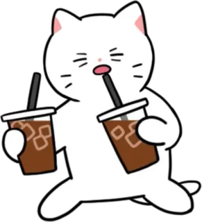 💬 猫, 饮料, 咖啡, 冰, 卡通, 可爱, 动物, 饮品 whatsapp sticker