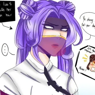 🦄 Luo Yi Luo Yi with her hair, Yo thing Get your da, Let's hav sleepover?, Meimei! anime, character, fanart, purple hair, woman, cartoon telegram sticker