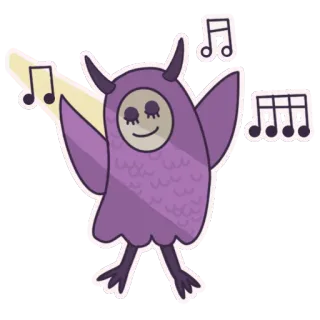 🎉 dibujo animado, monstruo, búho, morado, música, notas, lindo, bailando telegram sticker
