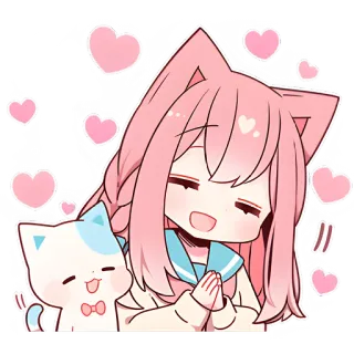 🥰 Dziewczyna anime, Kocie uszy, Różowe włosy, Słodkie, Kawaii, Serce, Kreskówka telegram sticker