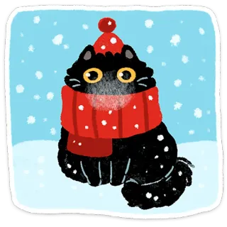 🥶 mèo, mùa đông, tuyết, khăn quàng cổ, mũ, mèo đen, có tuyết, dễ thương whatsapp sticker