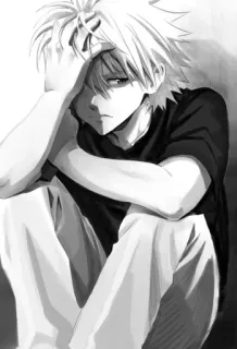 🌟 Anime, Traurig, Junge, Sitzend, Schwarzweiß telegram sticker