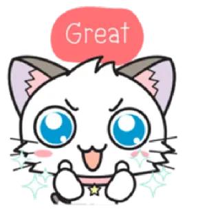 👍 Great gato, fofo, brilho, positivo, feliz, adorável, desenho animado whatsapp sticker