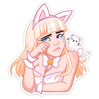 😿 девушка-кошка, аниме, грустный, плачущий, каваи, кошка, иллюстрация whatsapp sticker