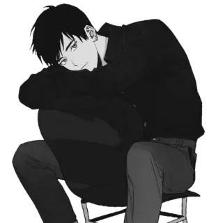 🪁 อนิเมะ, มังงะ, นั่ง, ครุ่นคิด, ขาวดำ, ผู้ชาย telegram sticker