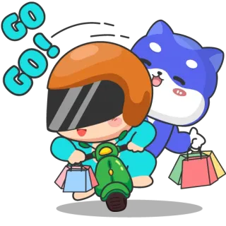😉 GO! GO! самокат, шлем, сумки для покупок, собака, милый, мультик, вождение telegram sticker