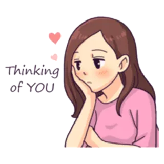 😞 Thinking of YOU pensare, amore, cuori, ragazza, cartone animato telegram sticker