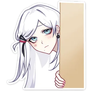 😐 Anime meisje, Wit haar, Gluren, Illustratie, Cartoon, Sticker, Blozen telegram sticker