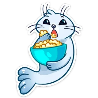 🍿 anjing laut, berondong jagung, hewan, kartun, camilan, imut telegram sticker