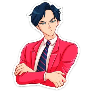😒 อนิเมะ, มังงะ, ผู้ชาย, สูท, เนคไท, กอดอก whatsapp sticker