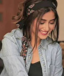 🙈 woman, portrait, headband, denim jacket, casual, smiling telegram sticker
