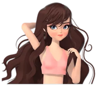 😕 dessin animé, animé, fille, cheveux longs, cheveux bruns, haut rose whatsapp sticker