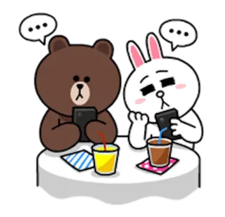 👫 Brown bear, rabbit, phone, drink, table, line friends, chatting telegram sticker