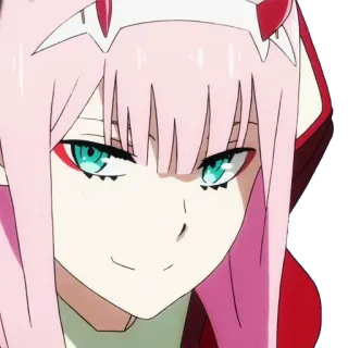 🙂 Zero Two Darling in the Franxx Anime, Zero Two, Darling in the Franxx, Pinke Haare, Hörner, Grinsen telegram sticker