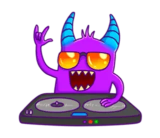 🎵 monster, dj, musik, cartoon, sonnenbrille, party, hörner, plattenspieler whatsapp sticker