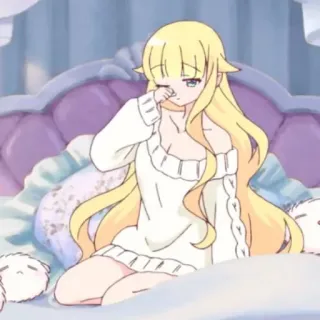 ☁️ anime, chica, rubia, suéter, cama, linda, dibujos animados whatsapp sticker