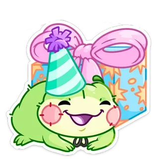 🥳 żaba, kreskówka, czapeczka urodzinowa, prezent, święto, słodki, szczęśliwy, kapryśny telegram sticker