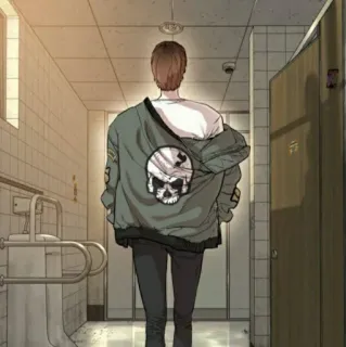 🧃 man, jacket, skull, back view, bathroom, standing telegram sticker