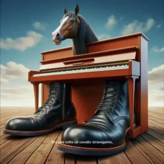 🤩 Era una volta un cavallo stravagante, cavallo, pianoforte, stivali, surreale, animale, musica, fantasy, stravagante telegram sticker