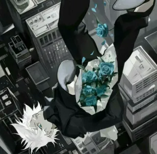 ♥ Anime, Ville, Urbain, Fleurs, Roses, Chute, Loup, Cheveux blancs, Bleu telegram sticker