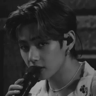 ▪️ V singer, male, black and white, microphone, portrait, kpop telegram sticker