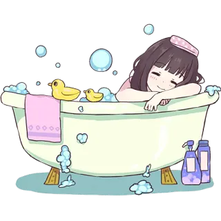 🛁 bathtub, rubber duck, bath, bubbles, relaxing, anime, girl, kawaii whatsapp sticker