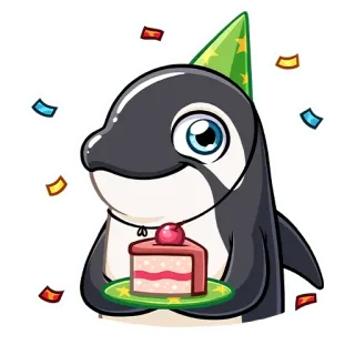 🥳 범고래, 고래, 만화, 귀여운, 생일, 파티, 케이크, 축하 telegram sticker