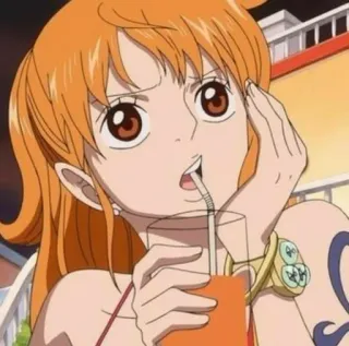 🍊 Nami One Piece Anime, One Piece, Nami, Dessin animé, Cheveux oranges, Boire, Femme, Personnage whatsapp sticker