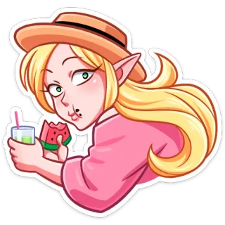 ⏺ mujer, comiendo, sandía, elfo, sombrero, bebida, verano telegram sticker