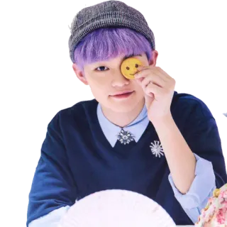 😊 người, mũ, tóc tím, bánh quy, nụ cười, thời trang telegram sticker