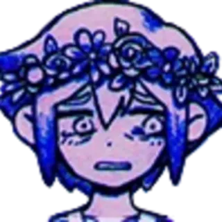 😥 Basil Omori โหระพา, omori, มงกุฎดอกไม้, เศร้า, ตัวละคร telegram sticker