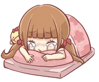 😢 weinen, traurig, Mädchen, Anime, Kissen, niedlich telegram sticker