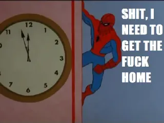 🏠 Spider-Man SHIT, I NEED TO GET THE FUCK HOME spider-man, marvel, comic, superhero, time, clock, late telegram sticker