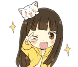 ✌ dziewczyna anime, słodki, kreskówka, znak pokoju, kot, iskierki, kawaii telegram sticker