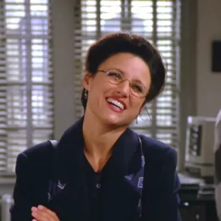 😀 Elaine Benes Seinfeld serie de tv, comedia, años 90, televisión, sitcom, mujer, gafas, sonriendo telegram sticker