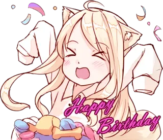 😍 Happy Birthday สุขสันต์วันเกิด, การเฉลิมฉลอง, สาวแมว, น่ารัก, อนิเมะ, กระดาษสี, คาวาอิ telegram sticker