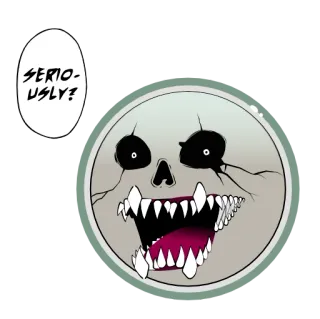 😳 SERIOUSLY? caveira, pergunta, desenho animado, sério, quadrinho telegram sticker