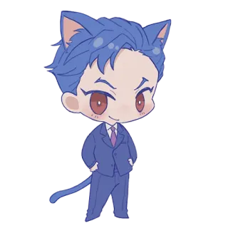😏 Anime, Chibi, Katze, blaue Haare, Anzug, süß, Cartoon telegram sticker