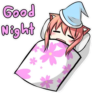 😴 Good Night buenas noches, durmiendo, anime, orejas de gato, kawaii, rosa, cama, adormilado whatsapp sticker