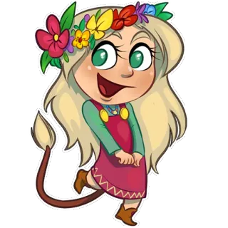 😻 dibujos animados, corona de flores, pelo rubio, linda, chica, cola de león, vestido whatsapp sticker