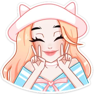 ✌ девушка, знак мира, шляпа, милый, мультфильм, улыбается, аниме telegram sticker