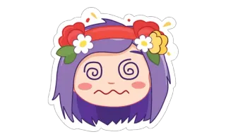 😵 mareado, flores, dibujos animados, cabeza, pelo morado whatsapp sticker