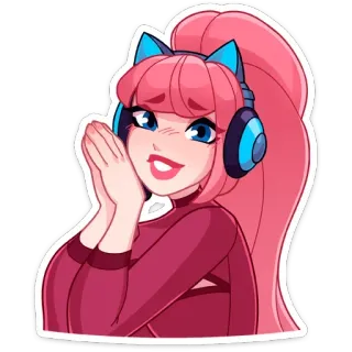 ☺️ 动漫, 女孩, 粉色头发, 耳机, 可爱, 卡通, 女性 whatsapp sticker