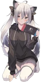 😍 fille anime, oreilles de loup, jeu vidéo, Nintendo Switch, sweat à capuche, mignon telegram sticker