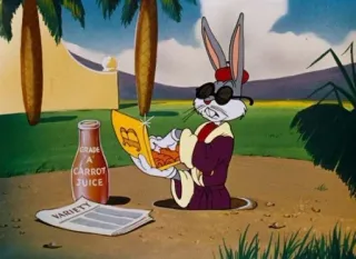 😌 Bugs Bunny GRADE A CARROT JUICE
VARIETY мультфильм, кролик, морковный сок, солнцезащитные очки, чтение, пустыня, Looney Tunes whatsapp sticker