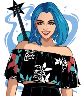 🎸 mujer, pelo azul, dibujos animados, floral, guitarra telegram sticker